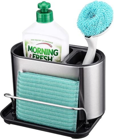 Famanu – Roestvrijstalen gootsteenhouder voor aanrecht - trendy gootsteenorganizer voor aanrecht - sponshouder en borstelhouder met afvoerbak