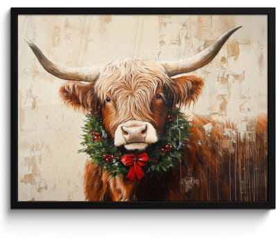 Poster in lijst - Fotolijst 70x50 cm - Posters - Kerst - Schotse Hooglander - Bruin - Krans - Posterlijst zwart - Decoratie - Wanddecoratie woonkamer - Muurdecoratie slaapkamer - Kerstversiering - Kerstdecoratie voor binnen - Kerstmis