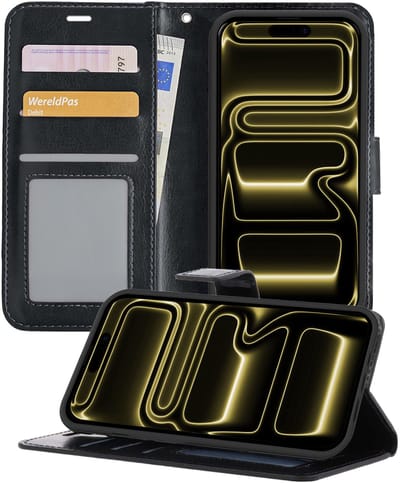 Hoesje - Met Pasjeshouder - Geschikt voor Apple iPhone 17 Pro - Luxe Bookcase Portemonee - Flip Case - Kunstleer Book Case - Flipcase - Book Cover - Walletcase - Portemonneehoes - Telefoonhoesjes - Zwart