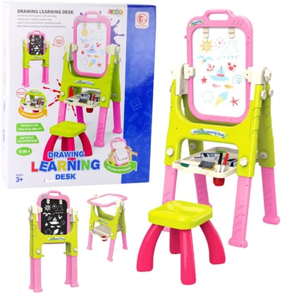 Leerbord 5-in-1 met Stoel - Tekentafel voor Kinderen met Whiteboard & Schoolbord - Verstelbaar Schrijfbord met Opbergvak - Educatief Speelgoed voor Tekenen en Schrijven - Inclusief Kruk - Stoel