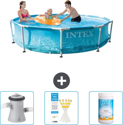 Intex Rond Frame Zwembad - 305 x 76 cm - Waterprint - Inclusief Zwembadfilterpomp - Testrips - Chloor