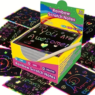 Set de 100 cartes Art à gratter - Kit de peinture arc-en-ciel magique pour le lien familial Activité créative DIY Pochoirs & Bâtonnet en bambou yellow