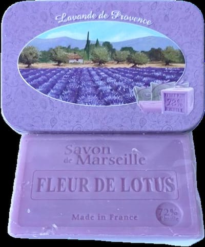 Metalen zeepblik met opdruk Lavande de Provence met Marseillezeep Lotusbloem 100 gram