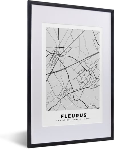 Fotolijst incl. Poster Zwart Wit- Zwart Wit – België – Plattegrond – Stadskaart – Kaart – Fleurus - 40x60 cm - Posterlijst