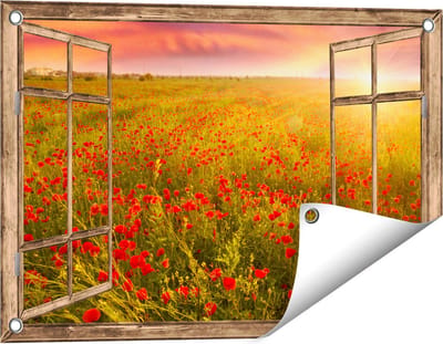 Gards Tuinposter Doorkijk Rode Klaproos Bloemenveld - Zonsondergang - 60x40 cm - Tuindoek - Tuindecoratie - Wanddecoratie buiten - Tuinschilderij