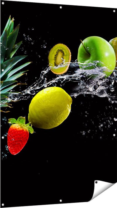 Gards Tuinposter Fruit met Water op Zwart Achtergrond - 100x150 cm - Tuindoek - Tuindecoratie - Wanddecoratie buiten - Tuinschilderij