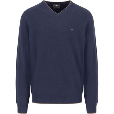Fynch-Hatton Trui V-Neck Superfine Cotton Subtle Texture Navy / male