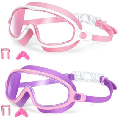 Kinderzwembrillen, set van 2 - UV-bescherming - Duik-/snorkelmasker - Geschikt voor jongens en meisjes van 3-15 jaar - Paars en roze