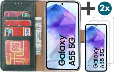 Hoesje met 2 Stuks Screenprotectors Geschikt voor Samsung Galaxy A55 – Arara bookcase met pasjeshouder - Groen