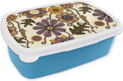 Broodtrommel Blauw - Lunchbox - Brooddoos - Bloemen - Bohemian - Vintage - Cartoon - 18x12x6 cm - Kinderen - Jongen
