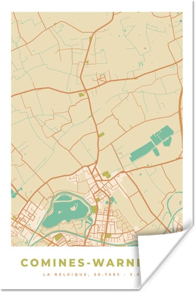 Poster Plattegrond - Stadskaart - Vintage - Kaart - Comine-Warneton - 120x180 cm XXL
