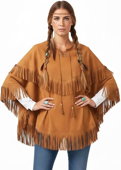 Indianenkostuum dames poncho - indianenkostuum vrouw sprei met franjes - indianenponcho dames in suède look voor carnaval en carnaval (eenheidsmaat)