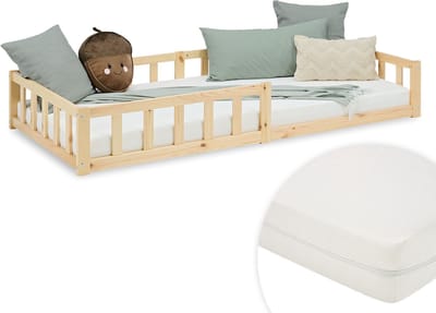 Homestyle4u Kinderbed 90x200 cm - Vloerbed met valbeveiliging en matras - Natuur