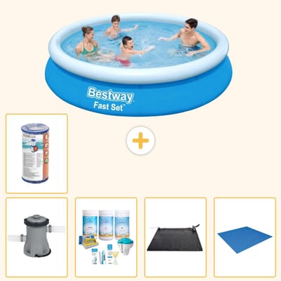 Bestway Rond Opblaasbaar Fast Set Zwembad - 366 x 76 cm - Blauw - Inclusief Pomp - Onderhoudspakket - Solar Mat - Grondzeil - Filter - 6-delig