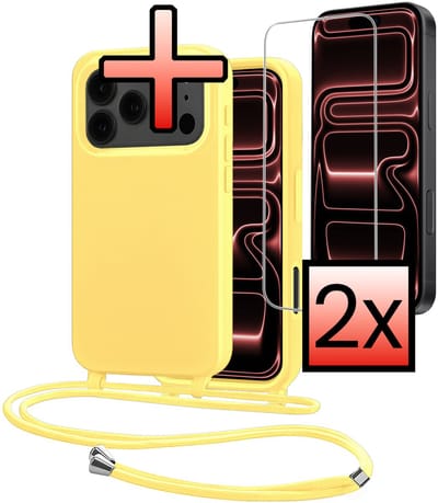 Hoes Geschikt voor iPhone 17 Pro Met Telefoonkoord Met 2x Screenprotector - Siliconen Hoesje Backcover Met Ketting - Geel