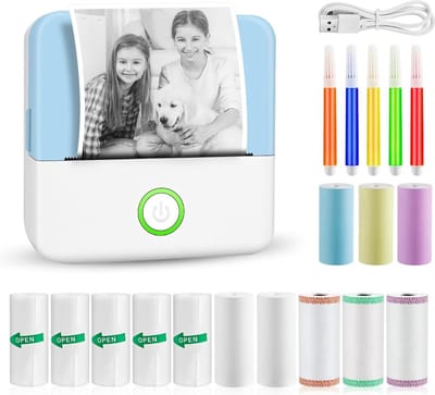 Mini Printer Papier - Mini Printer voor Mobiel - Pocket Printer - Mobiele Fotoprinter - Inclusief 13 Rollen Papier (Sticker, Normaal & Kleur) + 6 Pennen - Blauw