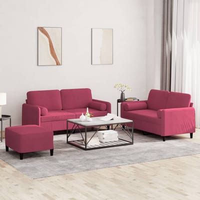 vidaXL - 3-delige - Loungeset - met - kussens - fluweel - wijnrood