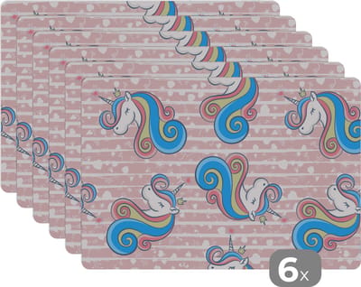 Placemat - Placemats kunststof - 45x30 cm - Unicorn - Patronen - Roze - 6 stuks - Borden onderleggers antislip - Tafel decoratie - Luxe tafelversiering - Tafelmat vinyl - Bord onderlegger - Tafeldecoratie accessoires