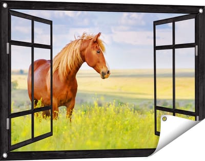 Gards Tuinposter Doorkijk Bruin Paard in de Wei - 90x60 cm - Tuindoek - Tuindecoratie - Wanddecoratie buiten - Tuinschilderij