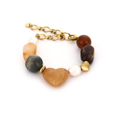 Armband Kralen Khaki - Hartvormige kraal - Aardetinten armband - Stainless Steel - Verkleurt niet - Cadeau voor haar