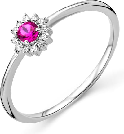 Miore Pure Ring Dames - 9 Karaat - Zilverkleurig - Met Diamanten en een Robijn - Maat 54