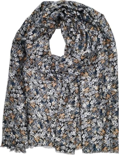 Lange dames sjaal Joanca gebloemd motief zwart wit beige goud camel bruin