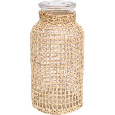 Vase en osier 17 cm de haut Vase en verre tressé Contenant floral Bohème Bouteille pour arrangements floraux Fête de pendaison de crémaillère Maison