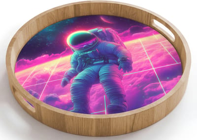 Dienblad rond 40x40 cm - Schootdienblad hout - Astronaut - Neon - Roze - Wolken - Borrelplank rechthoek - Plateau houten dienbladen