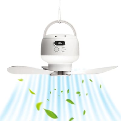 KZQ Oplaadbare Tentplafondventilator Met 5 Snelheden Led Verlichting Afstandsbediening Timer Voor Kamperen Buiten Terras En Studentenkamer