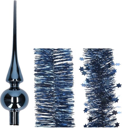 Kerstversiering glazen piek glans 26 cm en folieslingers pakket donkerblauw van 3x stuks - Kerstboomversiering