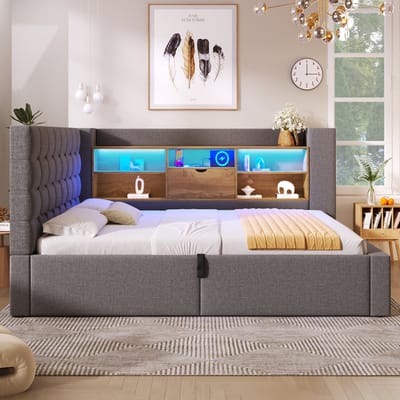 Slaapbank 90x190 cm met LED-verlichting en opbergruimte - L-vormig hoofdeinde - omkeerbaar - grijs - zonder matras