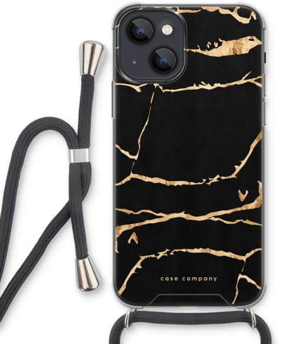 Case Company® - Hoesje met koord geschikt voor iPhone 13 mini hoesje met Koord - Gouden marmer - Telefoonhoesje met Zwart Koord - Bescherming aan alle Kanten en Over de Schermrand