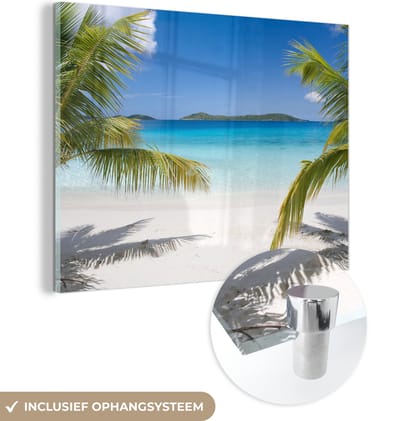 MuchoWow® Glasschilderij 160x120 cm - Schilderij acrylglas - Strand - Palmen - Tropisch - Foto op glas - Muurdecoratie woonkamer - Wanddecoratie slaapkamer - Schilderijen