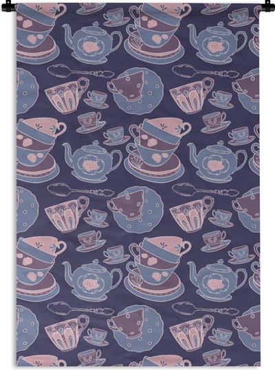 Wandkleed - Wanddoek - Patroon - Thee - Kop - Theepot - 120x180 cm - Wandtapijt
