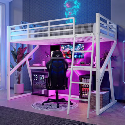 Hoogslaper, 90 x 200 cm, Ijzeren Frame, Ledstrip, Reling, Trap, Bureau, Zonder Matras, Wit
