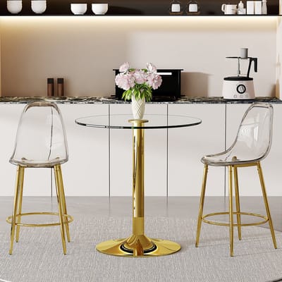 MODENUIT Barset 89 cm - Glasplaat en 2 Transparante Barkrukken - Voor Open Keuken en Bar - Glas en Metaal - Goud