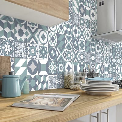 Zelfklevende tegelmuurstickers voor keuken en badkamer - 60 cementtegelstickers, Azulejos Paoli-stijl - 60 stickers, 20x20 cm