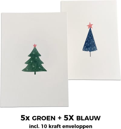 Kerstkaarten - Set van 10 stuks - Kerstboom in groen en blauw - Waterverf stijl - Inclusief kraft enveloppen