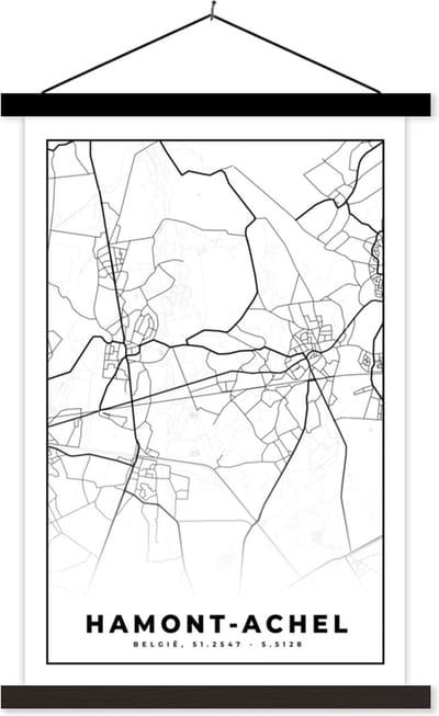 Posterhanger incl. Poster 40x60 cm - Schoolplaat - Kaart – Plattegrond – Stadskaart – Hamont Achel – België – Zwart Wit - Textielposter - Zwarte latten - Stadskaart