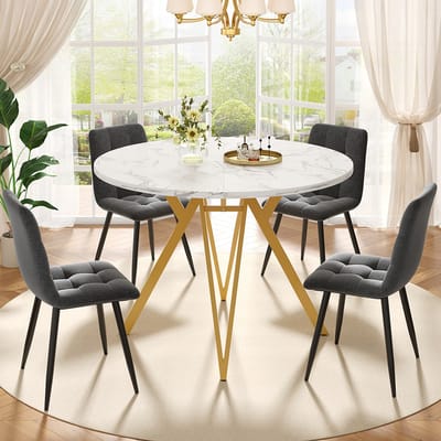 BLACKCOLORS Eettafelset (5-delig), eettafelset met 4 stoelen, moderne eettafelset voor de keuken, ronde keukentafel met een diameter van 100 cm met goudkleurige metalen poten, marmeren MDF-blad, eetkamerstoelen in grijs