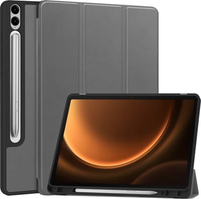 Hoes - Geschikt voor Samsung Galaxy Tab S9 FE Plus - Dun & Stevig - Trifold Bookcase - Hard Cover Case - Met Uitsparing Geschikt voor S Pen - Hardcover Book - Tablet Hoesje - Grijs