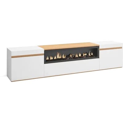 Skraut Home TV-Meubel, Lowboard, 200x35x45cm, Voor tv's tot 80", Elektrische haard, Wit en Eiken soft