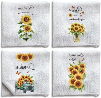 Set van 4 Zonnebloem Keukenhanddoeken, Decoratieve Microvezel Theedoeken voor Lente en Zomer, Absorberend en Zacht 24x18 Inch