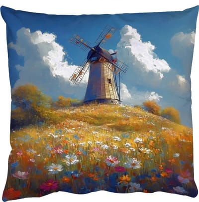 Sierkussens - Kussentjes Woonkamer - 50x50 cm - Windmolen - Heuvel - Bloemen - Kleurrijk