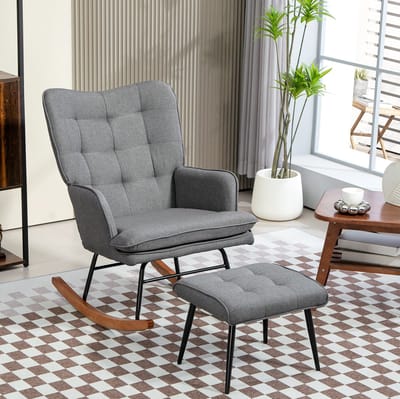 Schommelstoel - Relaxfauteuil Met Hocker - Met Armleuningen En Hoge Rugleuning - Voor Woonkamer En Leeshoek - Stof Donkergrijs