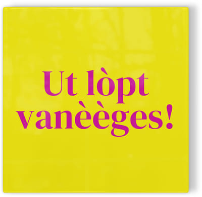 Tegeltje Tilburg Ut lòpt vanèèges! - geel roze - tegeltje stad - tegeltje met tekst