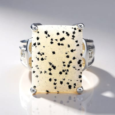 Cavill - Zilveren Ring - 925 Sterling Zilver - Glitter Agaat 12 51 ct met Witte Topaas 0 01 ct - Antiek Cabochon - Elegante Damesring Maat 17