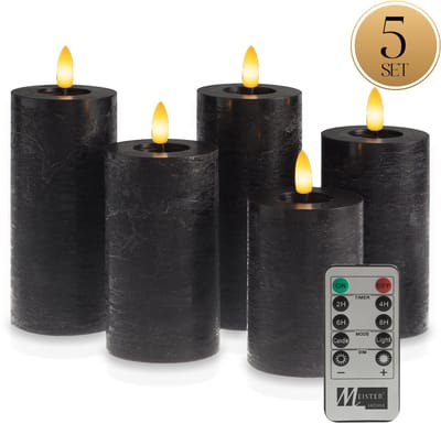 Meisterhome® LED Kaarsen 5-delige Set Zwart – Vlamloos & Flikkerend Licht – Met Afstandsbediening & Timer – Batterijverlichting – Ø7 cm, Hoogte 10/12,5/15 cm – Rustiek Design – Warm Wit Licht