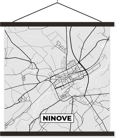 Posterhanger incl. Poster 60x60 cm - Schoolplaat - Stadskaart – Plattegrond – België – Zwart Wit – Ninove – Kaart - Textielposter - Zwarte latten - Stadskaart