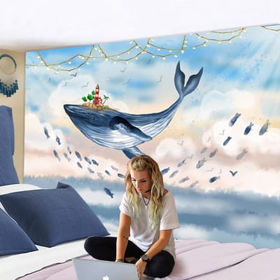 Walvis Olieverf Wandtapijt Wandhanger Botanisch Cartoon Kawaii Fantasie Boheems Kinderkamer Achtergrond Decor 95x70CM white